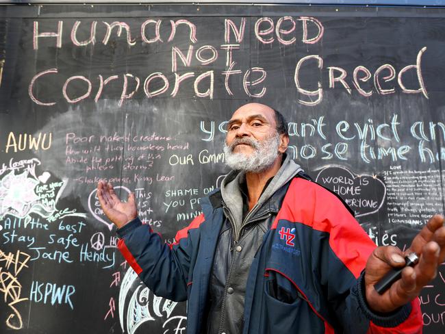Lanz Priestly at tent city in Martin Place today after the homeless people refused to move on. Picture: Hollie Adams/The Australian