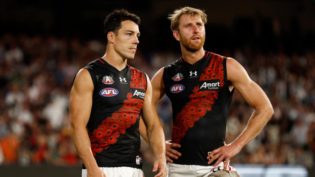 Dylan Shiel (left) hasn’t been able to consistently produce his best for the Bombers. (Photo by Michael Willson/AFL Photos via Getty Images)