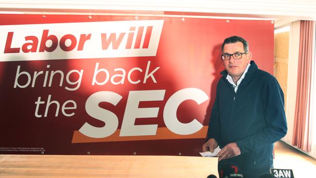 Victorian Premier Daniel Andrews makes the announcement to bring back the SEC during a visit to Yallourn. Picture: David Crosling