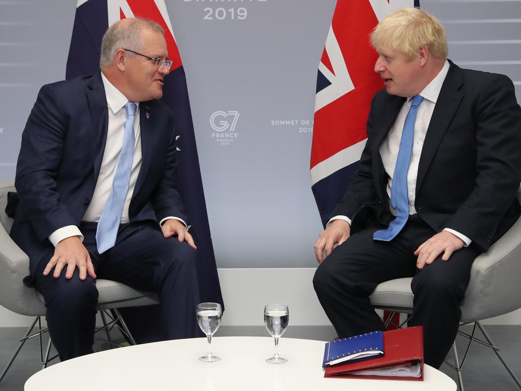 Prime Minister Scott Morrison holds a bilateral meeting with UK leader Boris Johnson at the G7 Summit in Biarritz, France, in 2019.