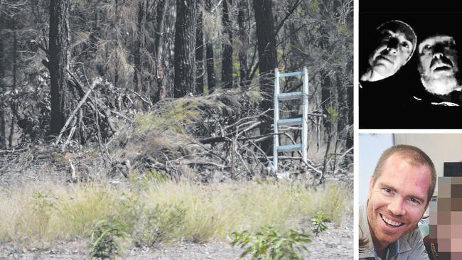 The crude lair from which police were ambushed with gunfire at Wieambilla, and killers Gareth, Stacey and Nathaniel Train. Picture: Lyndon Mechielsen