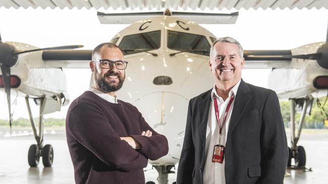 Cairns-based airline Skytrans chief executive officer Alan Milne and Stralis Aircraft chief technology officer Stuart Johnstone said they are excited to partner in a development to trial Australia’s first hydrogen electric propulsion aeroplane which will completely eradicate harmful aircraft emissions. Picture: Supplied