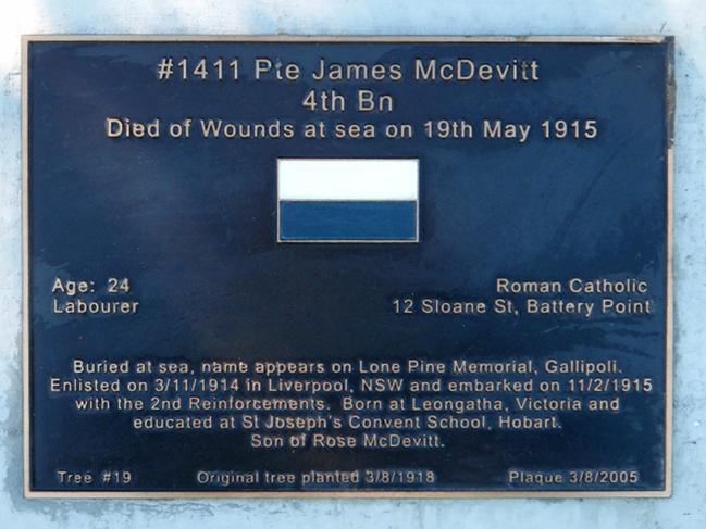 Private James McDevitt’s plaque on the Soldiers’ Memorial Avenue.