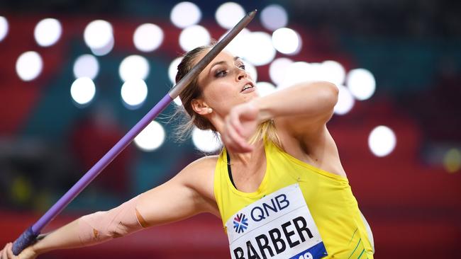 Australia's Kelsey-Lee Barber in full flight at Doha. Picture: Kirill KUDRYAVTSEV / AFP