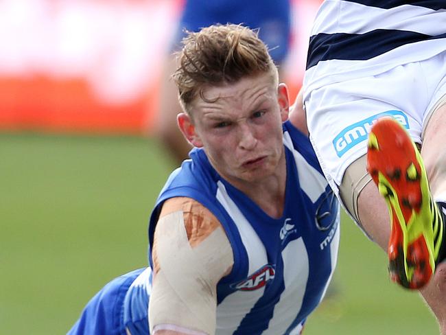 AFL Round 12. 09/06/2018.  Geelong v North Melbourne at GMHBA Stadium, Geelong.  Geelong's Wylie Buzza tackled off his kick by North Melbourne's Jack Ziebell    . Pic: Michael Klein