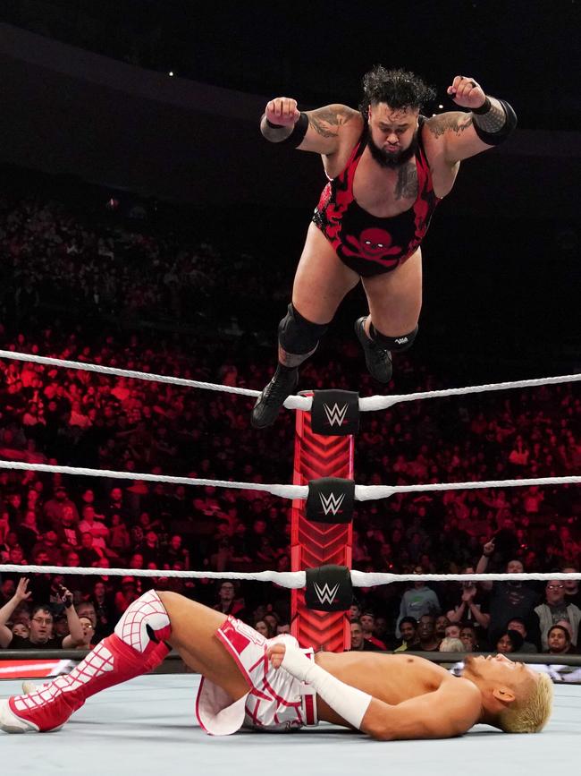 Bronson Reed takes to the air from the top rope. Source: WWE