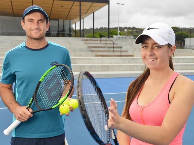 Tennis players Brad Mousley and Tahlia van der Erden at the Playford Tennis Centre, Thursday, December 14, 2017. The Playford Tennis International will be held at the new Playford tennis centre featuring a men's ATP Challenger and women's ITF Futures tournament. (AAP Image/ Brenton Edwards)