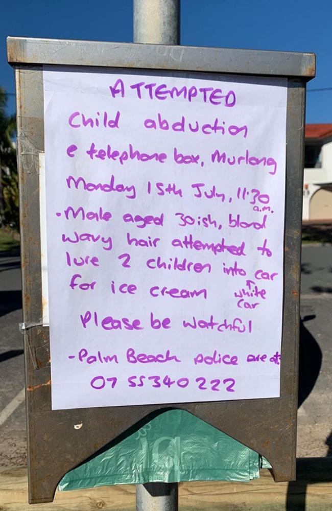 A poster on a pole in Palm Beach, Gold Coast, warning parents to stay alert to an "attempted abduction". Picture: Facebook