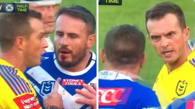 Josh Reynolds and referee Grant Atkins exchange words.