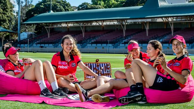 The Sydney Sixers teen gang ahead of the opening weekend of the season at North Sydney Oval from Friday night. Alisha Bates, Emma Hughes, Hayley Silver-Holmes, Maddy Darke and Stella Campbell.