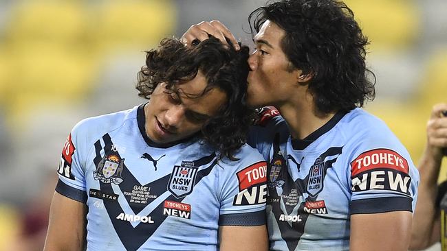 Brian To'o and Jarome Luai share a warm moment at the end of their Origin debuts.