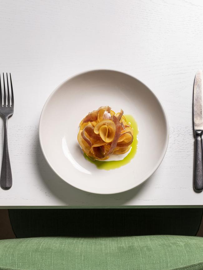 Goose Prosciutto, Persimmon, Macadamia, Fig Leaf. Picture: Jeff Camden