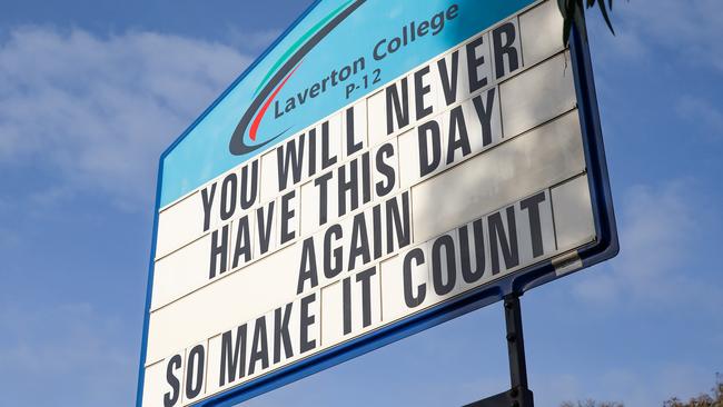 A sign at Laverton P-12 College. Picture: Sarah Matray