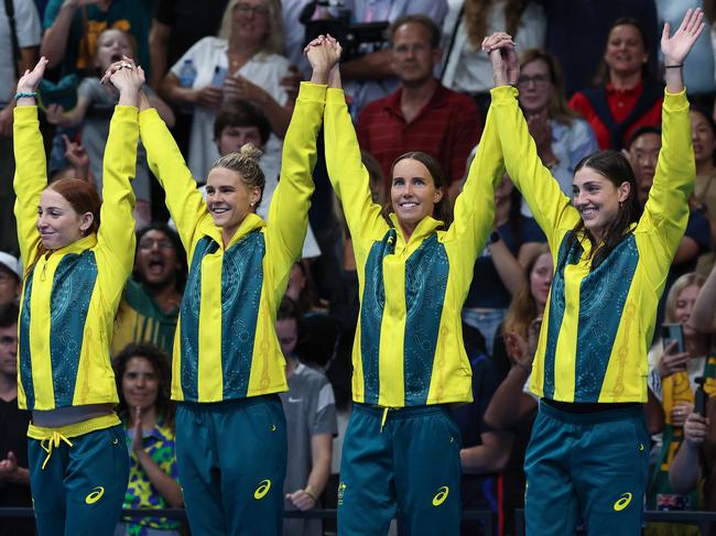 Mollie O’Callaghan, Shayna Jack, Emma McKeon and Meg Harris celebrate after winning gold in the 4x100m freestyle relay. Picture: Adam Head