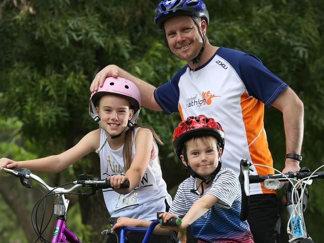 25/10/16 - Bupa RideAbout is a cycling event at Elder Park designed for families to have an affordable, fun day out while being active. Matt of South Plympton with his kids, Tahlia,11, and Blake,7. Picture Dean Martin