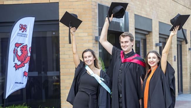 UTAS graduations at Hobart, (L-R) Lauren Wiggins, Thomas Bailey and Jessica Martin. Picture Chris Kidd