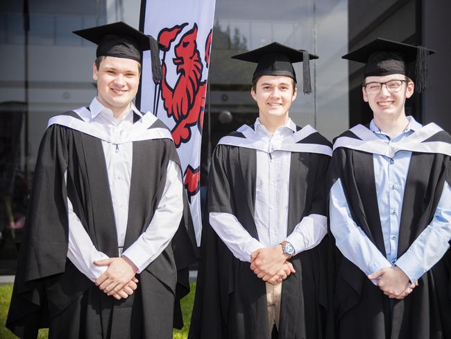 Adam Sieger, Angus Fagg and Mitchell Patterson. University of Tasmania Hobart Graduations 2019, Wednesday morning. Picture: RICHARD JUPE