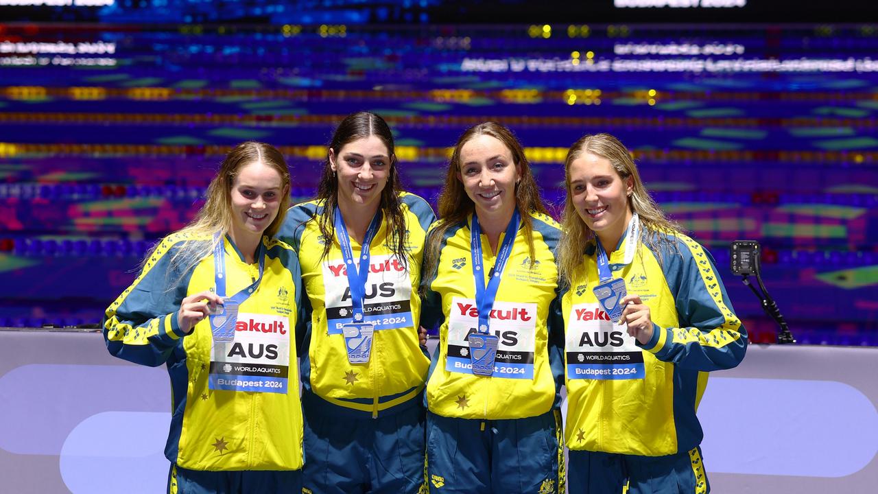 Lani Pallister, Alexandria Perkins, Milla Jansen and Meg Harris won silver in the 4x100m women’s relay. (Photo by Dean Mouhtaropoulos/Getty Images)