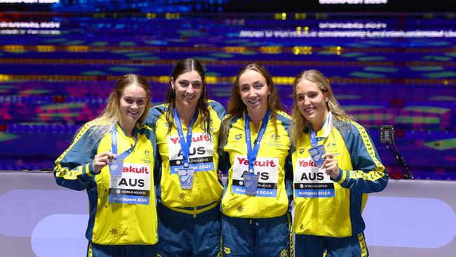 Lani Pallister, Alexandria Perkins, Milla Jansen and Meg Harris won silver in the 4x100m women’s relay. (Photo by Dean Mouhtaropoulos/Getty Images)