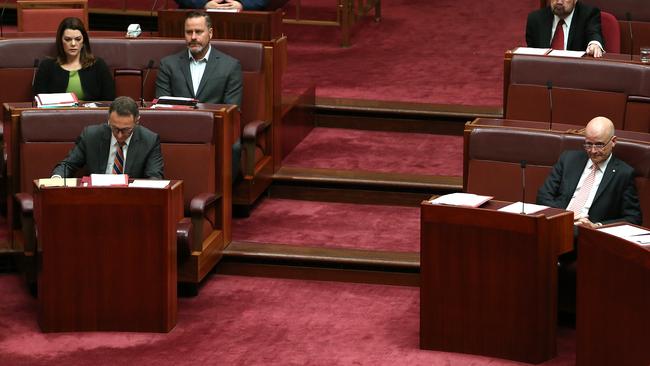 Senator Sarah Hanson-Young, left, and Senator David Leyonhjelm, far right, listen to the Senate President speak this morning in the Senate Chamber at Parliament House in Canberra. Picture: Kym Smith