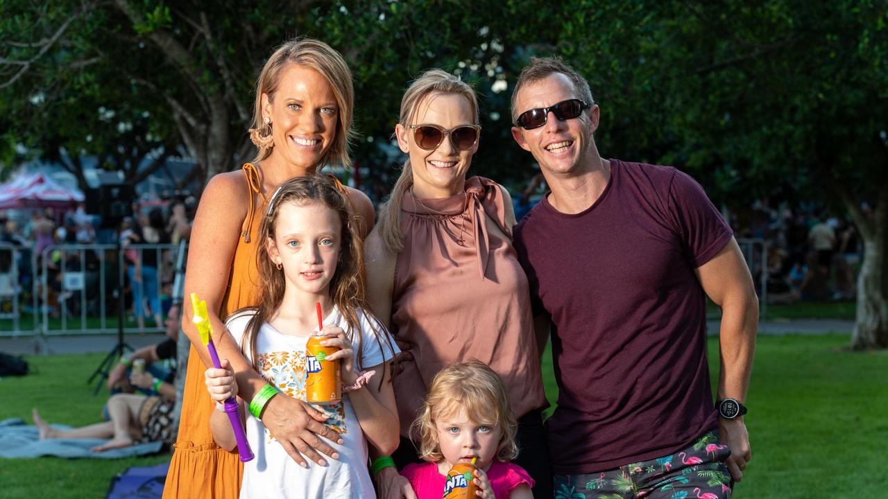 Kirsty Owen, Makenzie Owen, Kerri-Ann Hudson, Isabella Hudson and Andrew Hudson at Darwin Waterfront on New Year’s Eve 2020. Picture: Che Chorley