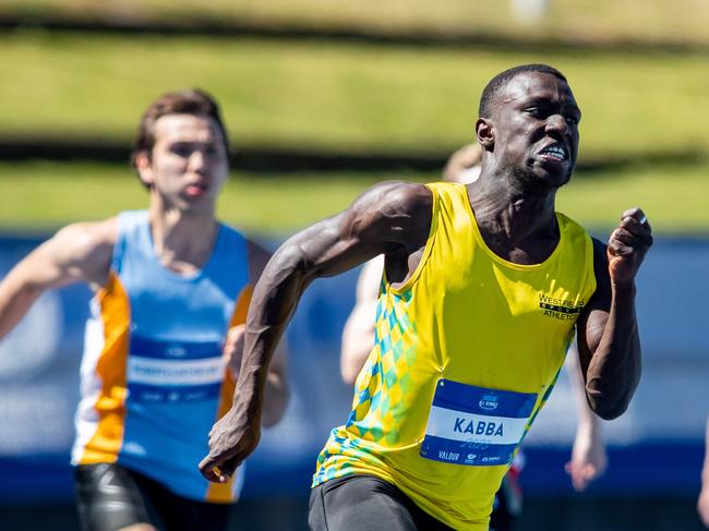 25/09/23. News Local, Sport,Homebush, NSW, Australia.Action pictures from the NSW All Schools Athletics at Homebush.Boys 200m 19 YearsRashid Kabba from Westfield Sports HighPicture: Julian Andrews