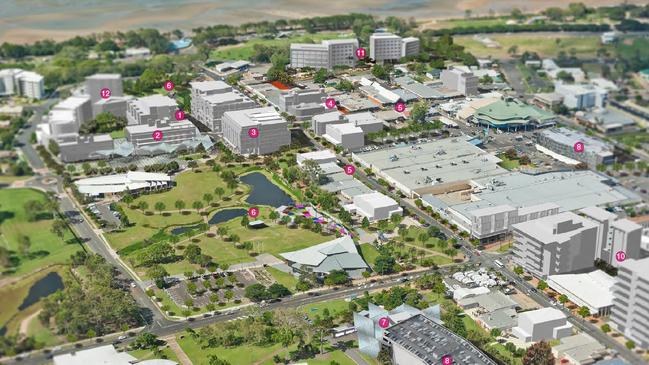 CBD VISION: An artist's impression of the Hervey Bay CBD Urban Renewal Master Plan, showcasing the new location of the council admin building (2), eat street (1), parking structure (8) and residential and office developments (10-12).