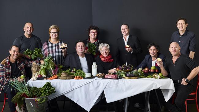 The delicious. Produce Awards judges at last year’s tasting (L-R) Shannon Bennett, Guillaume Brahimi, Christine Manfield, Peter Gilmore, Alla Wolf-Tasker, Maggie Beer, Neil Perry, Colin Fassnidge, Andrew McConnell and Matt Moran. Picture: Mark Roper