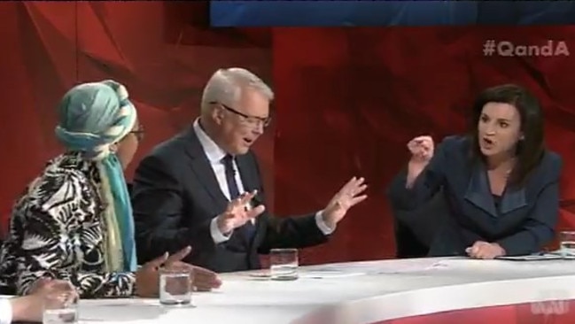 The ABC Q&amp;A clash between Abdel-Magied (left) and Jackie Lambie (right, with Tony Jones in the centre) in February this year.