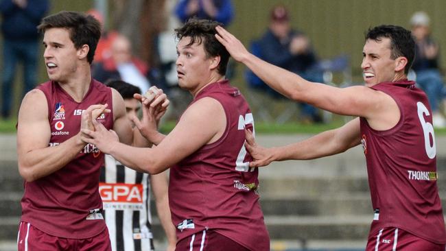 Hayden Jolly is surprised at kicking a goal during the Adelaide Footy League division one grand final. Picture: Brenton Edwards