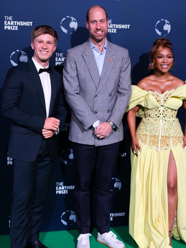 The Prince of Wales, president and founder of Earthshot, with ambassadors Robert Irwin and Nomzamo Mbatha attend the 2024 Earthshot Prize Awards on November 6. Picture: Chris Jackson/Getty Images