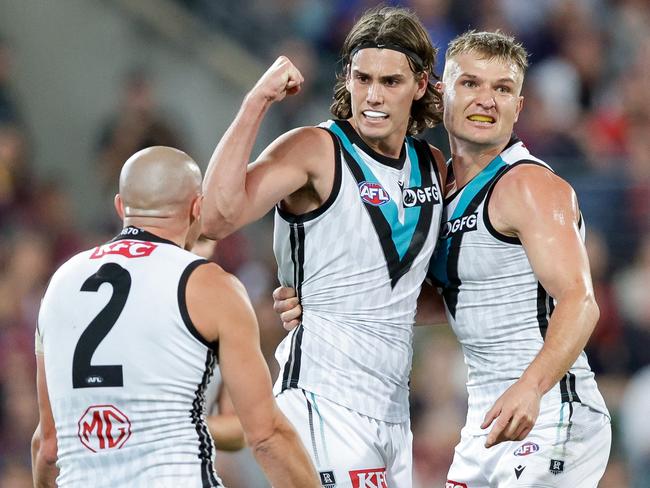 BRISBANE, AUSTRALIA - SEPTEMBER 09: Ollie Lord of the Power celebrates a goal during the 2023 AFL Second Qualifying Final match between the Brisbane Lions and the Port Adelaide Power at The Gabba on September 09, 2023 in Brisbane, Australia. (Photo by Russell Freeman/AFL Photos via Getty Images)