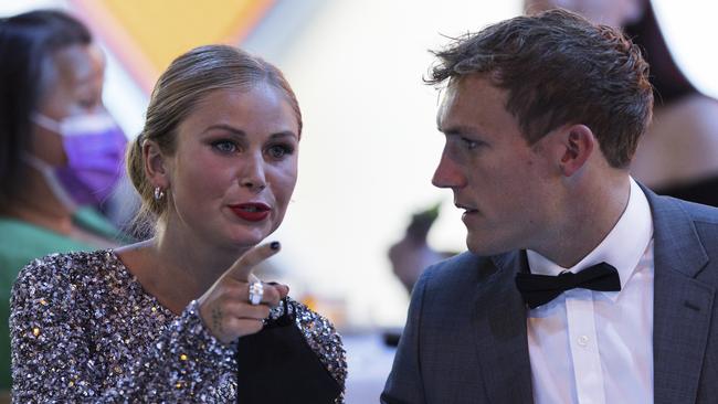 Grace Tame and partner Max Heerey attend the 2022 Australian of the Year Awards at the National Arboretum on January 25. Picture: Getty Images.