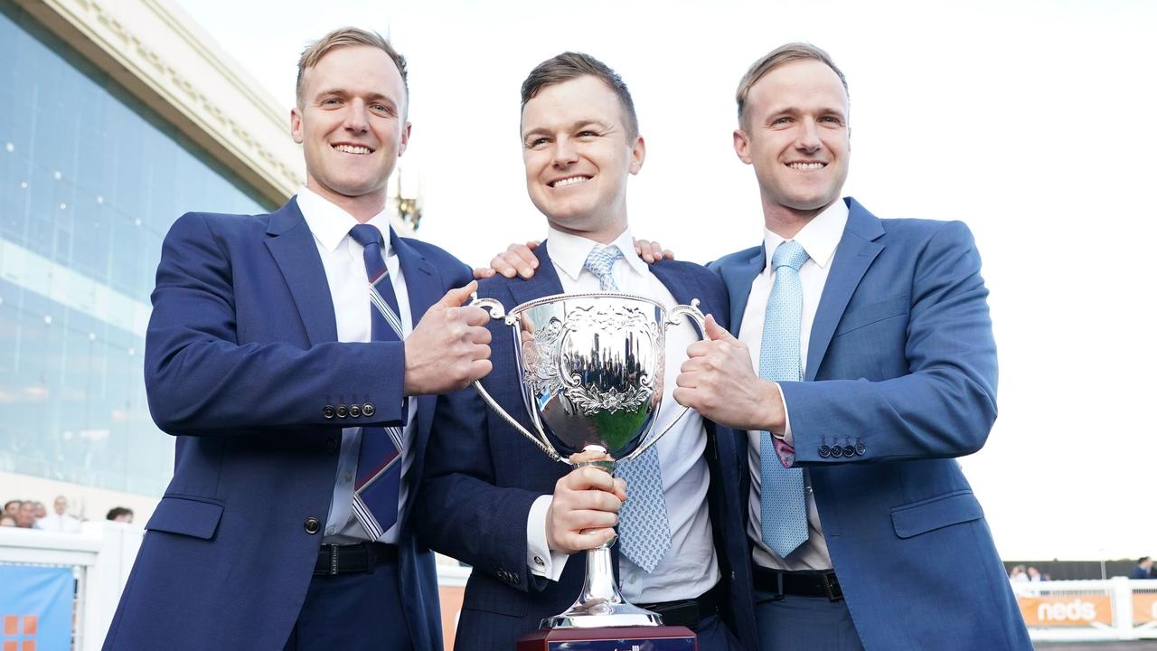 Will, Ben Hayes and JD Hayes celebrating last year’s Memsie Stakes win with Mr Brightside. Picture: Scott Barbour / Racing Photos