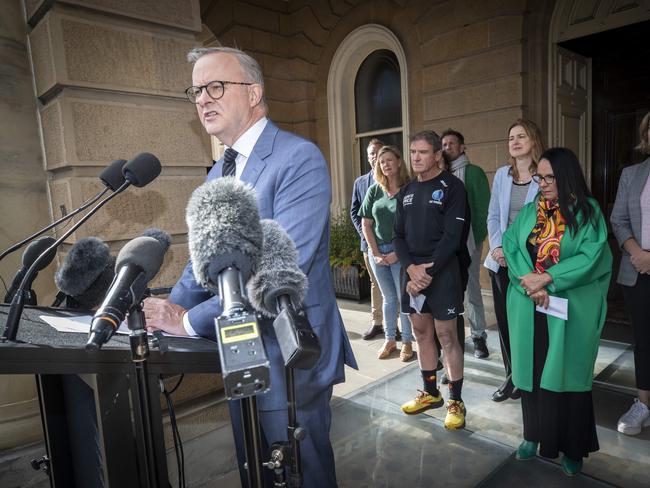 Prime Minister Anthony Albanese at the Run for the Voice start with ultra marathon runner Pat Farmer at Town Hall. Picture: Chris Kidd