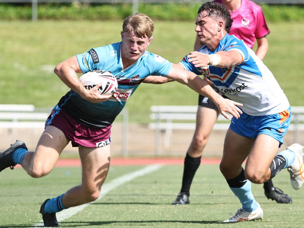 Pride's Cohen Emmi forces Cutters' Kooper Shears into touch in the Queensland Rugby League (QRL) Under 19 Men's match between the Northern Pride and the Mackay Cutters, held at Barlow Park. Picture: Brendan Radke