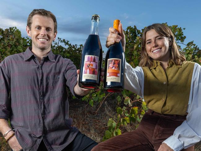 Don't Tell Mum winemakers Holly and Luke at their property in McLaren Vale SA. Pictured on 24th April 2025. Picture: Ben Clark