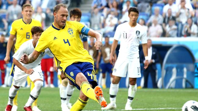 Andreas Granqvist of Sweden scores his team's first goal.