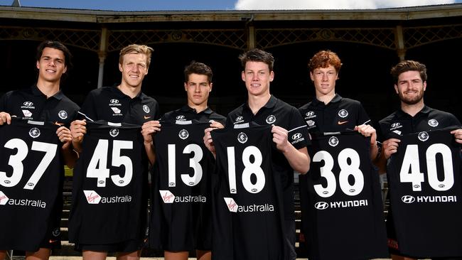 Carlton’s new recruits (from left) Ben Silvagni, Hugh Goddard, Liam Stocker, Sam Walsh, Finbar O'Dwyer and Tomas Bugg. Picture: Getty Images