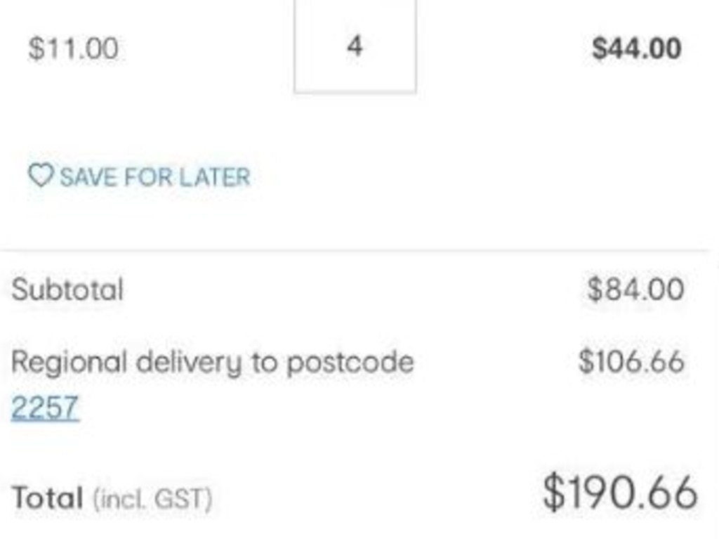 A mum is outraged at the $100 delivery charge for one bean bag and some bags of beans. Source: Facebook