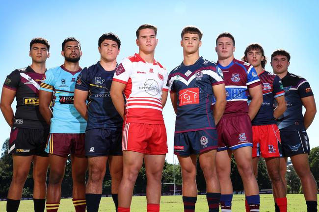 Last Year’s Langer Trophy captains: Javon Andrews Marsden SHS, Anton Whaiapu Keebra Park SHS, Duquan Talaepa Mabel Park SHS, Zane Harrison Palm Beach Currumbin SHS, Sam Martin Ipswich SHS, Maddox Goodwin Wavell SHS, Dustin Appo Redcliffe SHS and Zac Garton Caloundra SHS. Picture: Liam Kidston