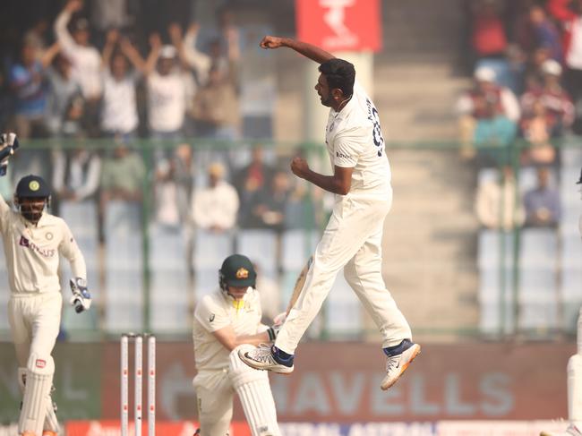 DELHI, INDIA - FEBRUARY 19: Ravichandran Ashwin of India celebrates taking the wicket of Steve Smith of Australia during day three of the Second Test match in the series between India and Australia at Arun Jaitley Stadium on February 19, 2023 in Delhi, India. (Photo by Robert Cianflone/Getty Images) *** BESTPIX ***