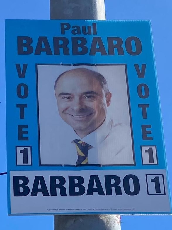 A Paul Barbaro election corflute from late-2021 that was deemed not to be allowed. Picture: File