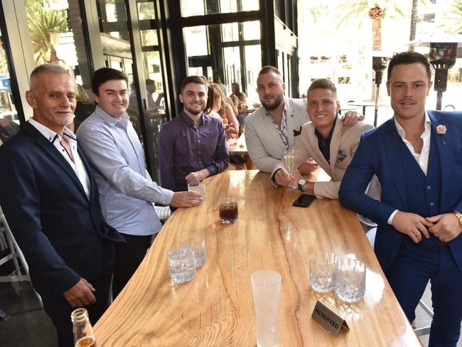 Frank Serci, Cody Serci, Michael Houghton, Nathan Houghton, Matt Lansdowne and Max Pickering at White Rhino Bar & Eats in Surfers Paradise for Melbourne Cup celebrations.