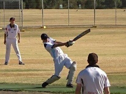 Aberfeldie St Johns batsman Adam Gray tees off during his triple century. Picture: Supplied. 