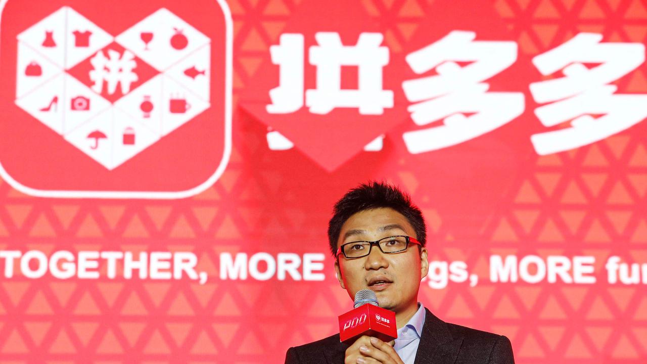 Founder of e-commerce company Temu, also known as Pinduoduo, Colin Huang delivering a speech during the launch of the company's initial public offering in Shanghai. Picture: CNS