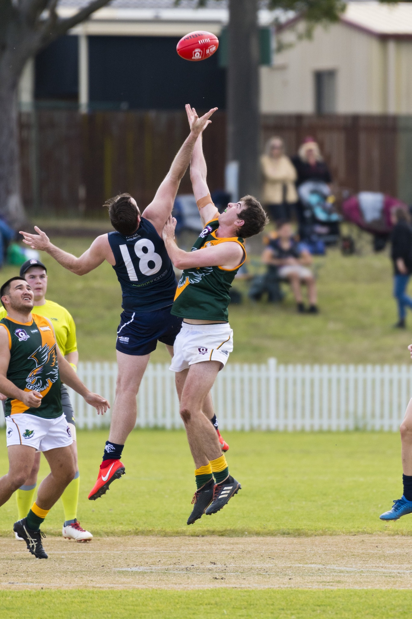 Carl Stevenson (left) for Coolaroo and Aiden Doolan of Goondiwindi in AFL Darling Downs round one at Rockville Oval, Saturday, July 11, 2020. Picture: Kevin Farmer