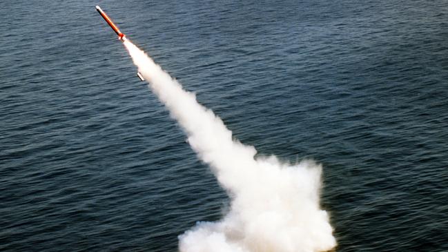 A Tomahawk cruise missile is launched from the nuclear-powered attack submarine USS LA JOLLA (SSN-701) on the Pacific Missile Test Center (PMTC) range.