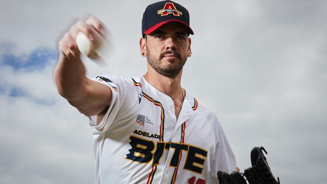 New Adelaide Bite pitcher Todd McDonald warms up at West Beach baseball headquarters. Picture: MATT LOXTON