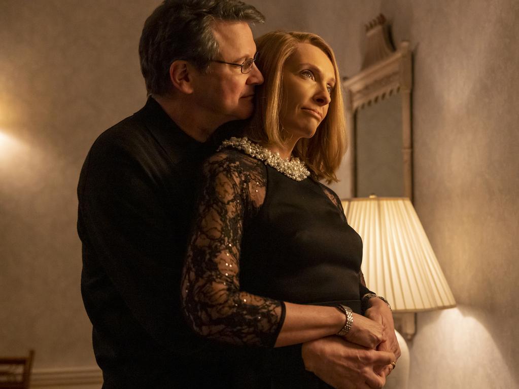 Colin Firth and Toni Collette in a scene from the Binge crime drama The Staircase. Picture: Binge